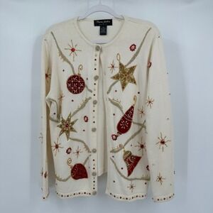 Theme Works Womens Ugly Christmas Cardigan‎ Sweater Size M Beaded Embellished
